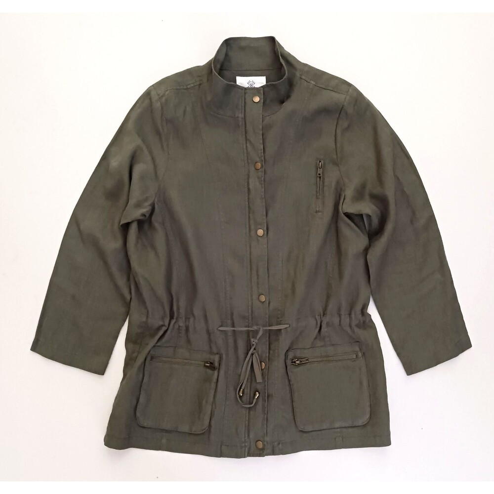 Artisanny 100% Linen Olive Green Utility Field Jacket Pockets 3/4 Sleeve L/XL